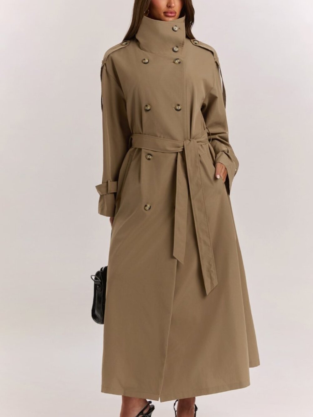 Khaki Elegant Women's Double-Breasted Long Oversized Trench Coat - Picture 3 of 7